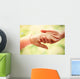 Old and young holding hands on light background, closeup Wall Decal