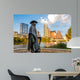 Stevie Ray Vaughan statue in front of downtown Austin and the Co Wall Decal