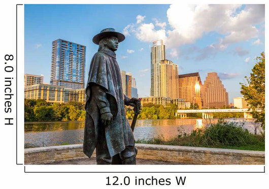 Stevie Ray Vaughan statue in front of downtown Austin and the Co Wall Decal
