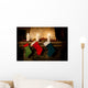 Christmas stocking on fireplace background. Chimney place. Wall Decal