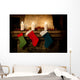 Christmas stocking on fireplace background. Chimney place. Wall Decal