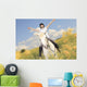 A white horse on yellow flower field with a rider. Wall Decal