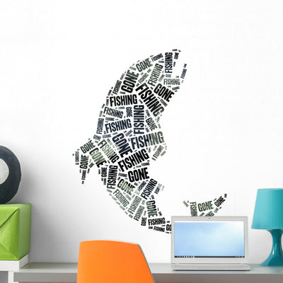 Gone Fishing Word Cloud Wall Decal shown on a wall