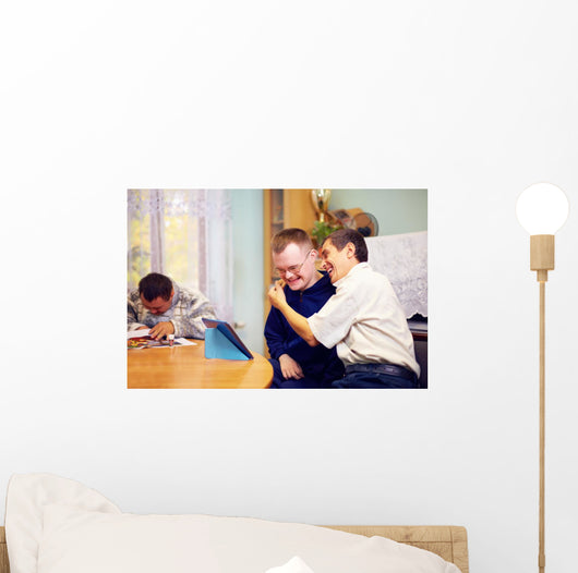 happy friends with disability socializing through internet Wall Mural