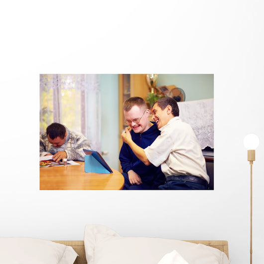 happy friends with disability socializing through internet Wall Mural