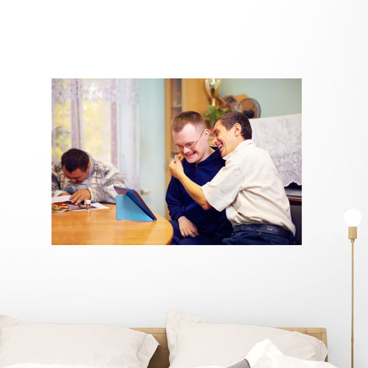 happy friends with disability socializing through internet Wall Mural