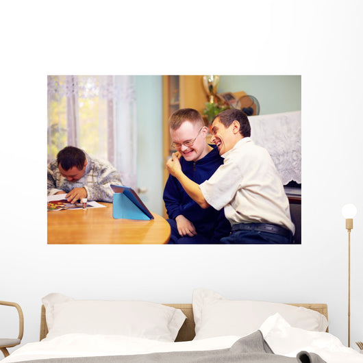 happy friends with disability socializing through internet Wall Mural