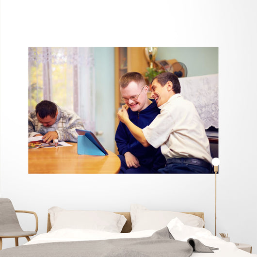 happy friends with disability socializing through internet Wall Mural