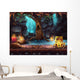 Fantasy cave with a waterfall, tree, treasure chest Wall Mural