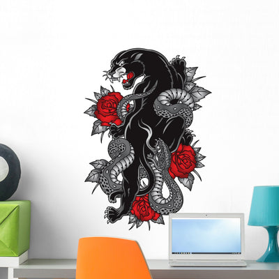 Panther Snake Roses Tattoo Graphic Wall Decal shown on a wall