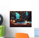 Cave with a waterfall and a magic tree and barrel of gold Wall Mural