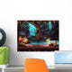 Cave with a waterfall and a magic tree and barrel of gold Wall Mural