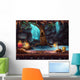 Cave with a waterfall and a magic tree and barrel of gold Wall Mural