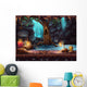 Cave with a waterfall and a magic tree and barrel of gold Wall Mural