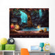 Cave with a waterfall and a magic tree and barrel of gold Wall Mural