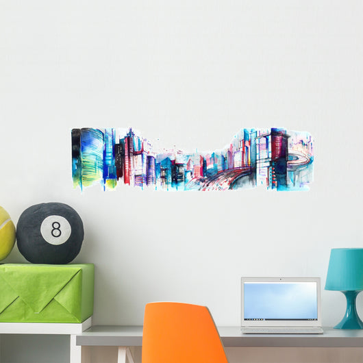 panoramic watercolor city Wall Decal