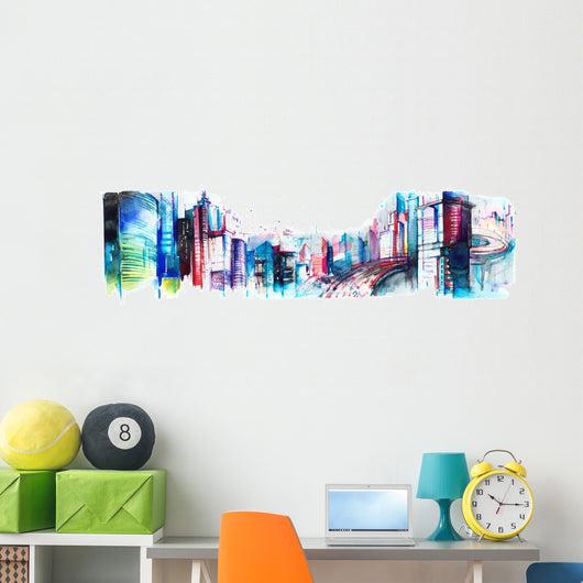 panoramic watercolor city Wall Decal