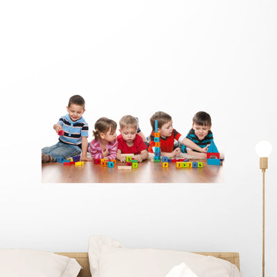 Five Children In Kindergarten Wall Decal shown on a wall