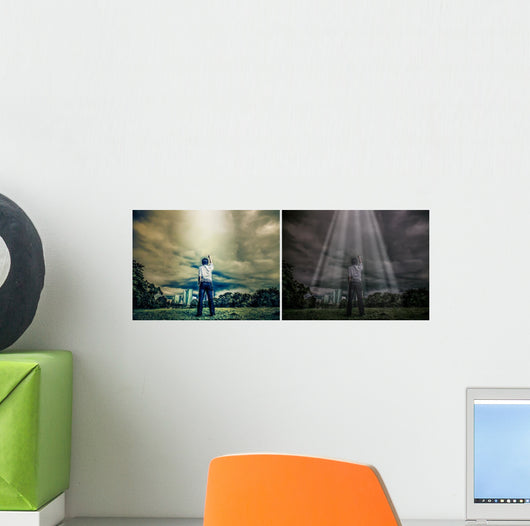 Rough illustration of a man challenging the sky with light shine Wall Mural
