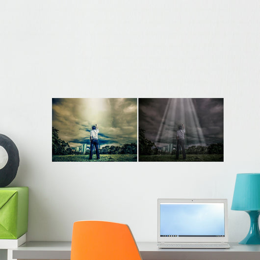 Rough illustration of a man challenging the sky with light shine Wall Mural
