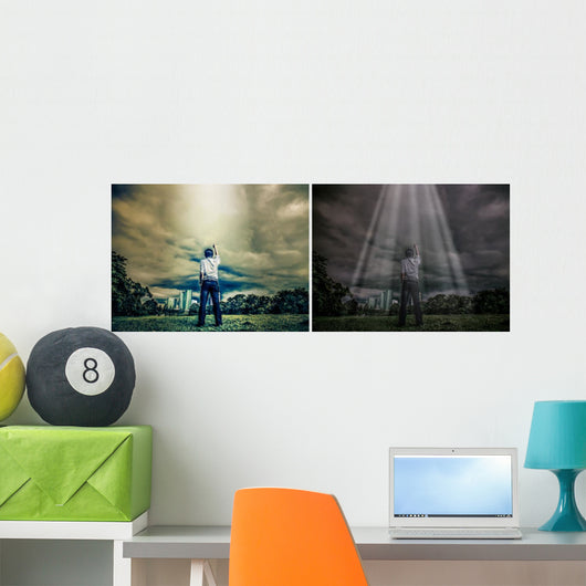 Rough illustration of a man challenging the sky with light shine Wall Mural