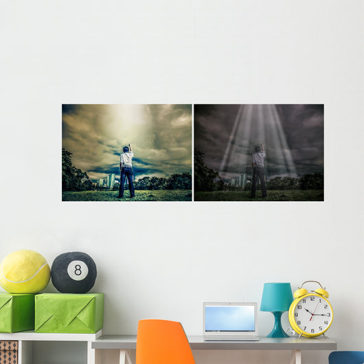 Rough illustration of a man challenging the sky with light shine Wall Mural