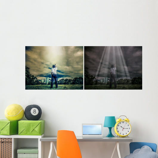 Rough illustration of a man challenging the sky with light shine Wall Mural