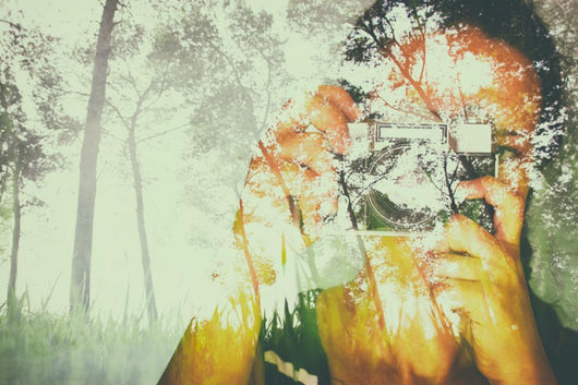 Double Exposure Image Of Young Girl Holding Old Camera And Nature Wall Decal