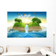 Illustration magic opened book covered grass trees waterfall Wall Mural