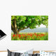 Poppy's field and big green tree Wall Mural