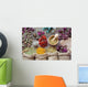 Healing herbs in hessian bags, wooden mortar, small bottles on o Wall Mural
