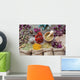 Healing herbs in hessian bags, wooden mortar, small bottles on o Wall Mural