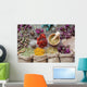 Healing herbs in hessian bags, wooden mortar, small bottles on o Wall Mural