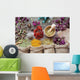 Healing herbs in hessian bags, wooden mortar, small bottles on o Wall Mural