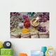 Healing herbs in hessian bags, wooden mortar, small bottles on o Wall Mural