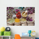 Healing herbs in hessian bags, wooden mortar, small bottles on o Wall Mural