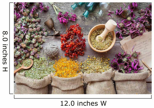 Healing herbs in hessian bags, wooden mortar, small bottles on o Wall Mural