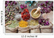 Healing herbs in hessian bags, wooden mortar, small bottles on o Wall Mural