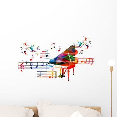 Colorful Piano Design With Hummingbirds Wall Decal shown on a wall