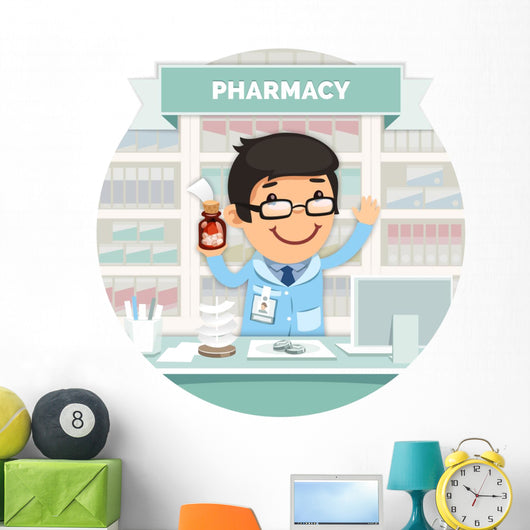 Apothecary behind the Counter at Pharmacy Round Banner Wall Decal