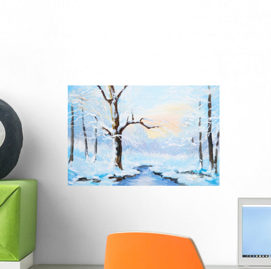 oil painting winter landscape, frozen river in the forest, color Wall Mural