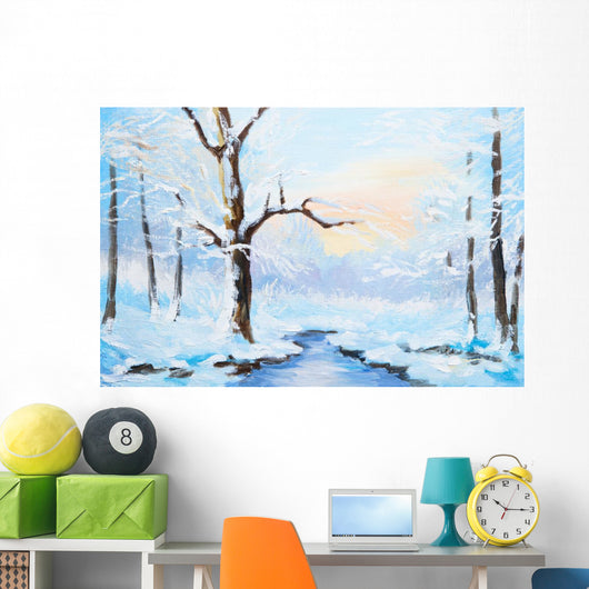 oil painting winter landscape, frozen river in the forest, color Wall Mural