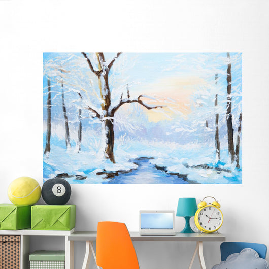 oil painting winter landscape, frozen river in the forest, color Wall Mural