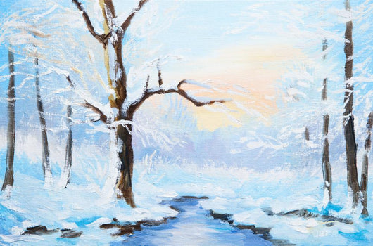 Oil Painting Winter Landscape, Frozen River In The Forest, Color Wall Decal