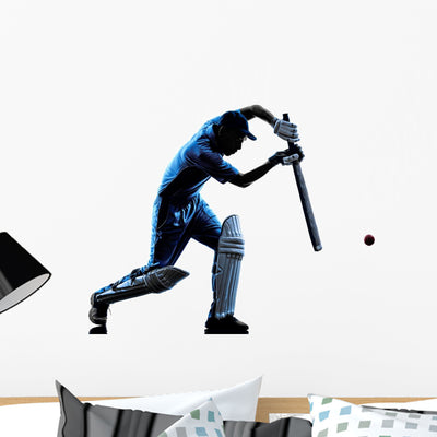Cricket Player Batsman Silhouette Wall Decal shown on a wall