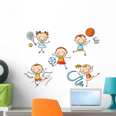 Stick Figure Kids Sports Wall Decal shown on a wall