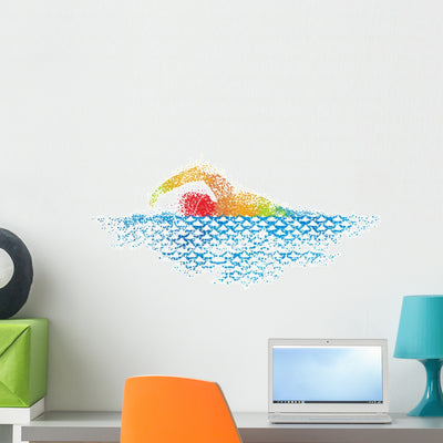 Pointillism Swimming Art Wall Decal shown on a wall