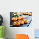 Appetizing grilled prawns on skewer. Wall Mural