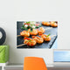 Appetizing grilled prawns on skewer. Wall Mural