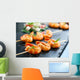 Appetizing grilled prawns on skewer. Wall Mural